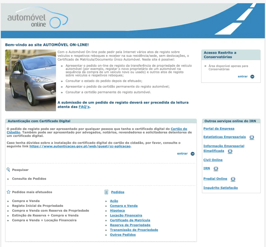Portal Automóvel Online — registo de veículo (matrícula)