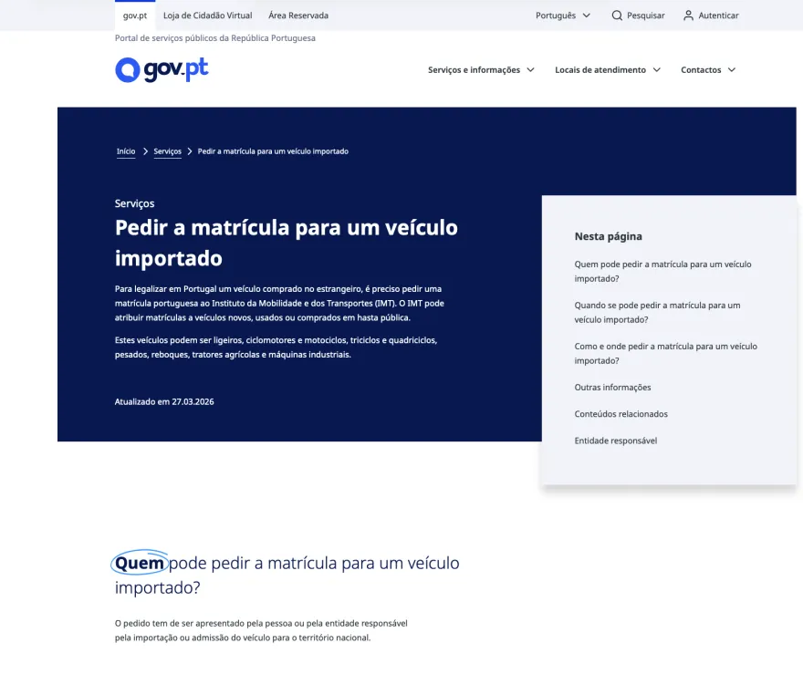 Página oficial gov.pt: pedir a matrícula para um veículo importado