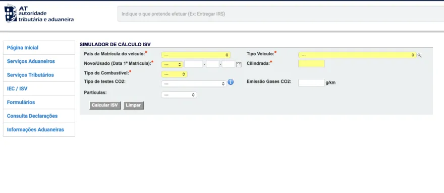 Simulador oficial de cálculo do ISV (Portal Aduaneiro)